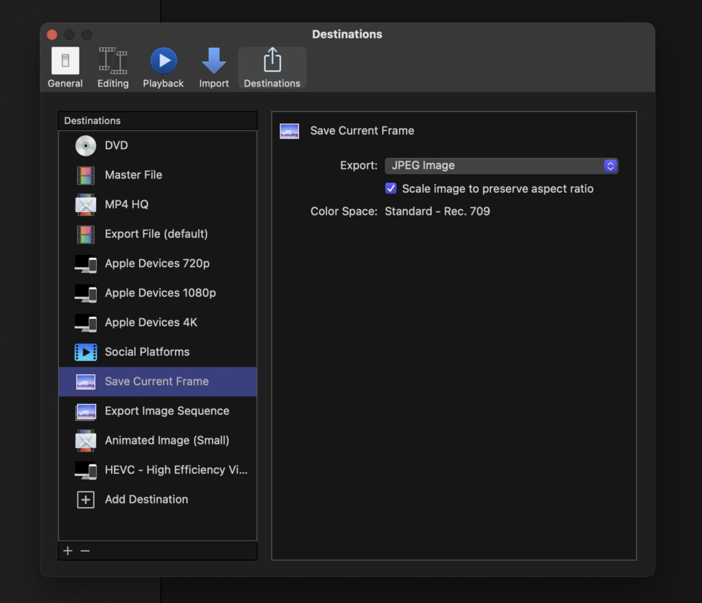 Configure the Save Current Frame options and the default image type.